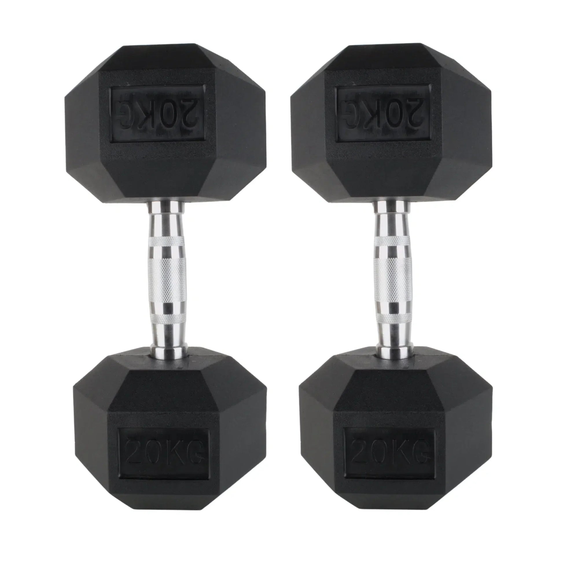 Pair of black 20kg rubber hex dumbbells with chrome textured handles for grip.