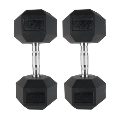 Pair of black 20kg rubber hex dumbbells with chrome textured handles for grip.