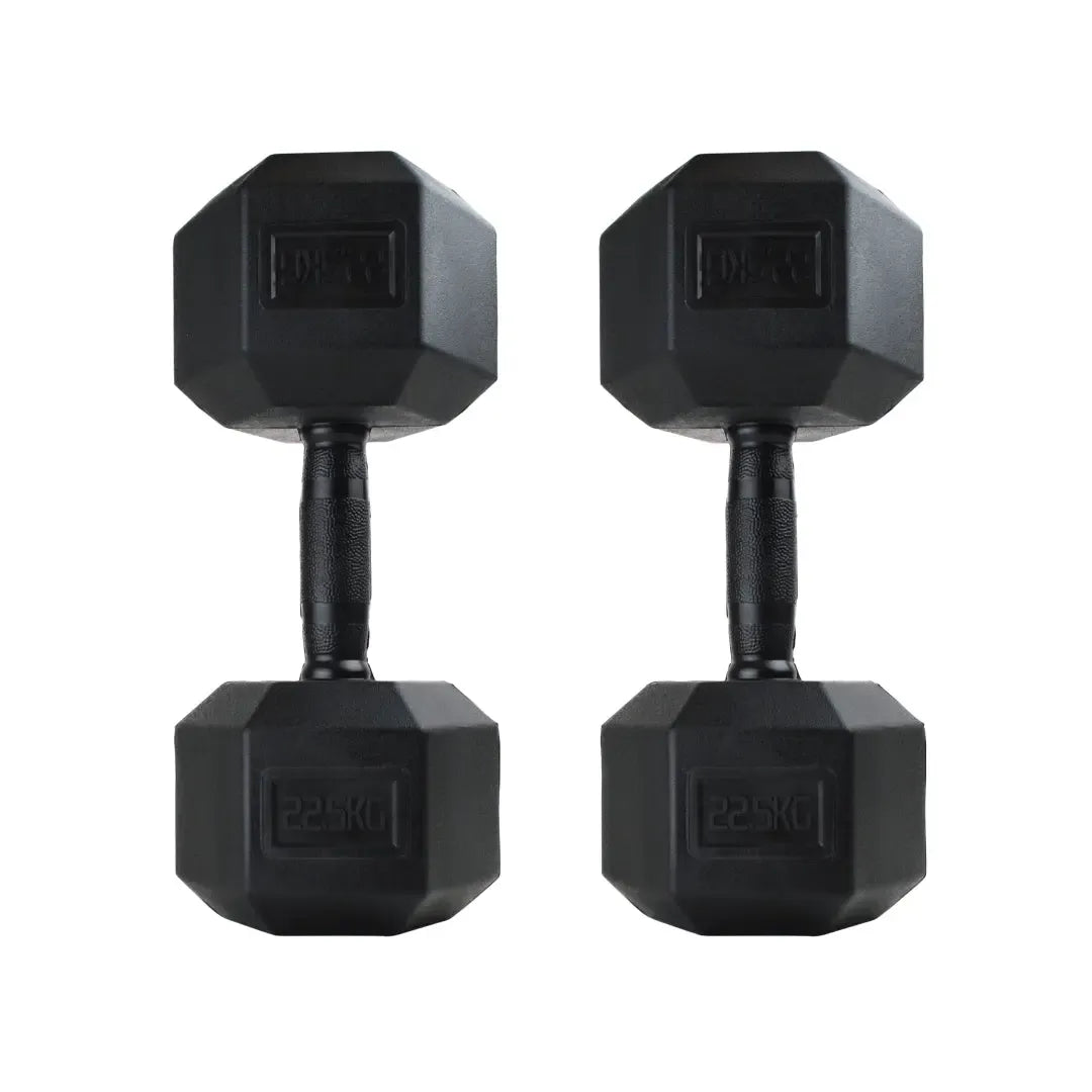 Pair of black rubber-coated hex dumbbells with textured metal handles.