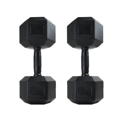 Pair of black rubber-coated hex dumbbells with textured metal handles.