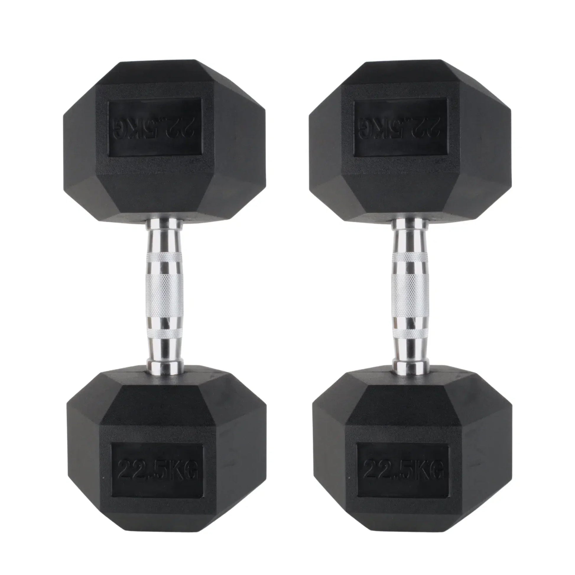 Pair of black rubber hex dumbbells with silver textured grip handles, 2.5 kg each.