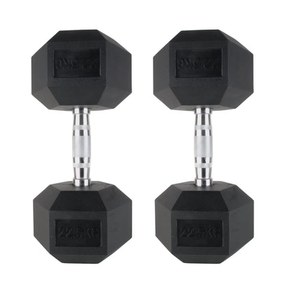 Pair of black rubber hex dumbbells with silver textured grip handles, 2.5 kg each.