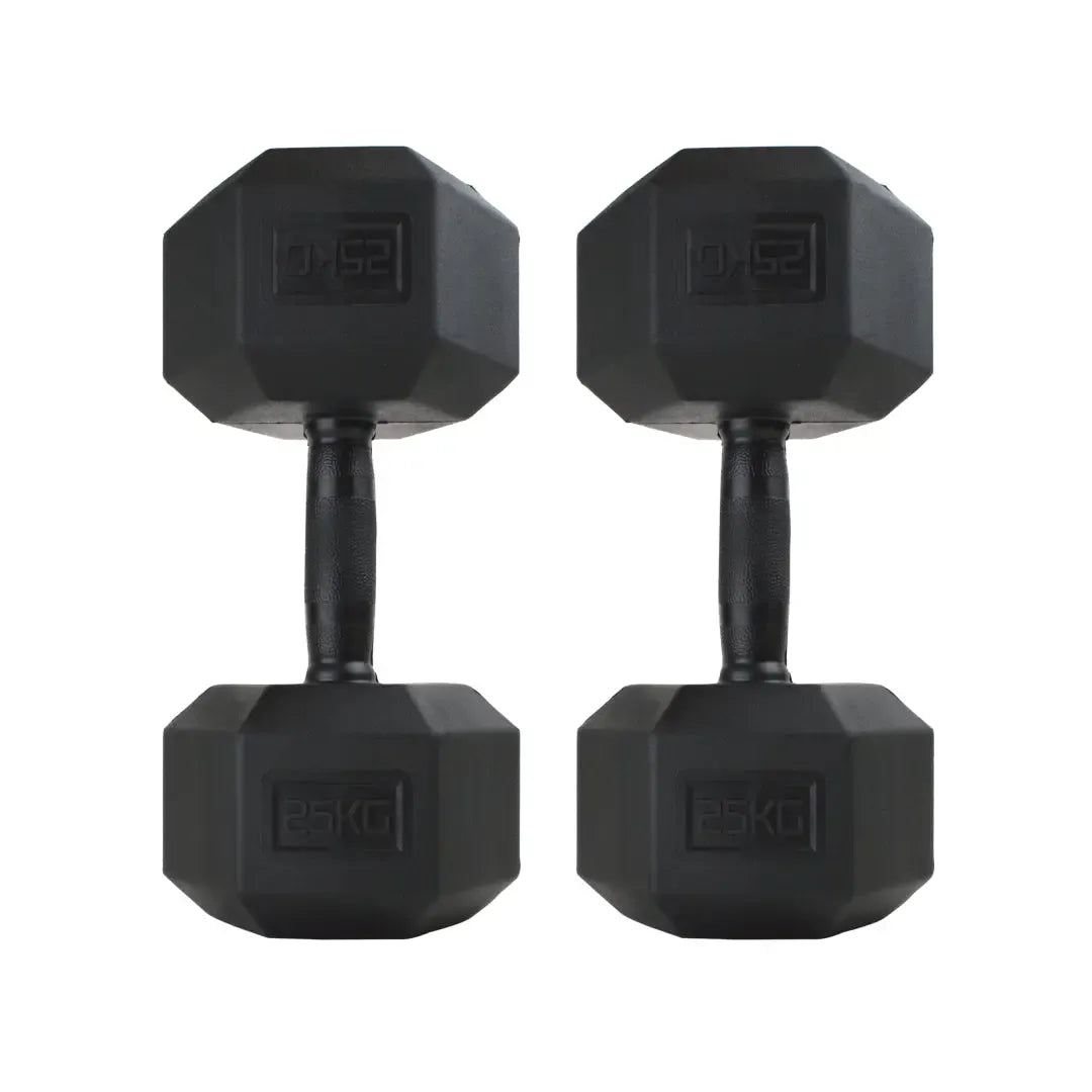 Pair of black rubber-coated hexagonal dumbbells with textured handles for grip.