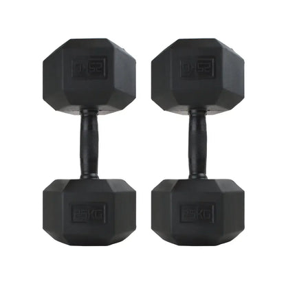 Pair of black rubber-coated hexagonal dumbbells with textured handles for grip.