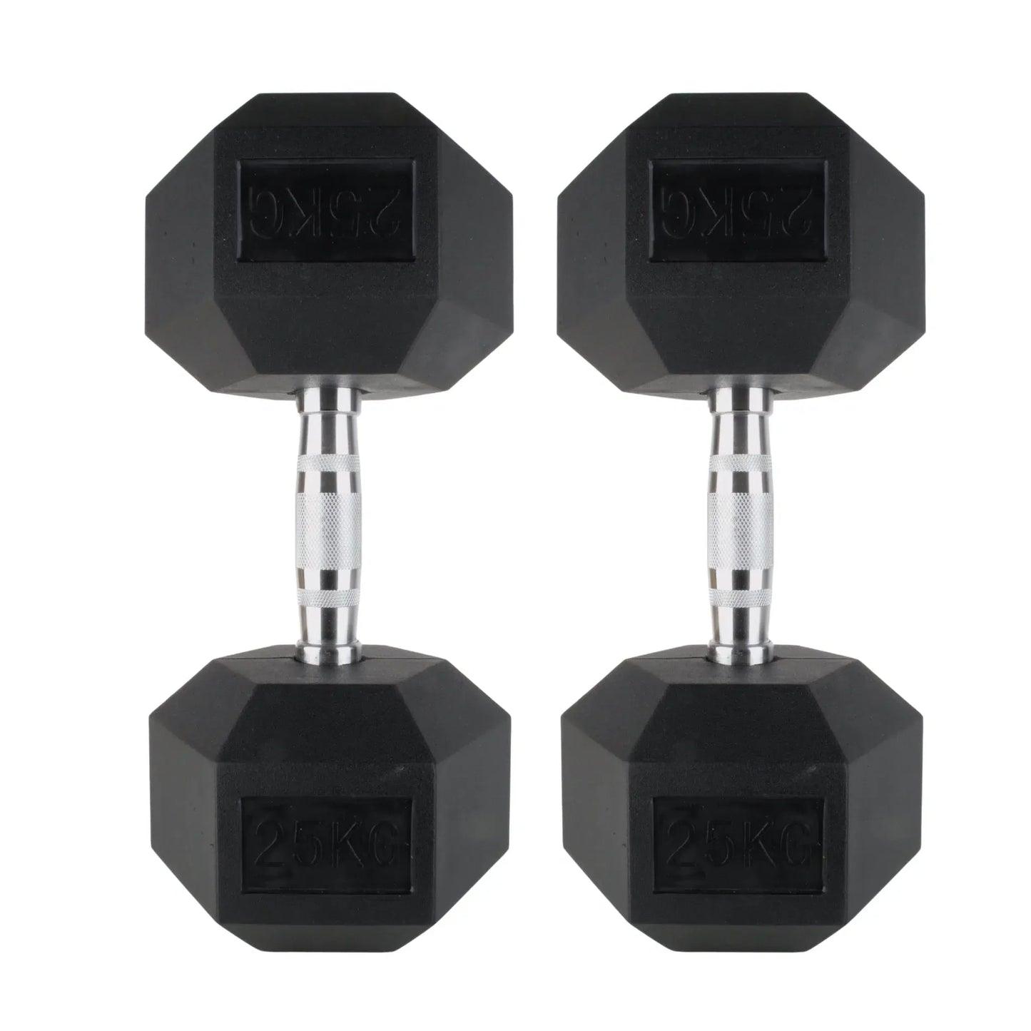Pair of black rubber hex dumbbells with knurled steel handles for professional strength training.