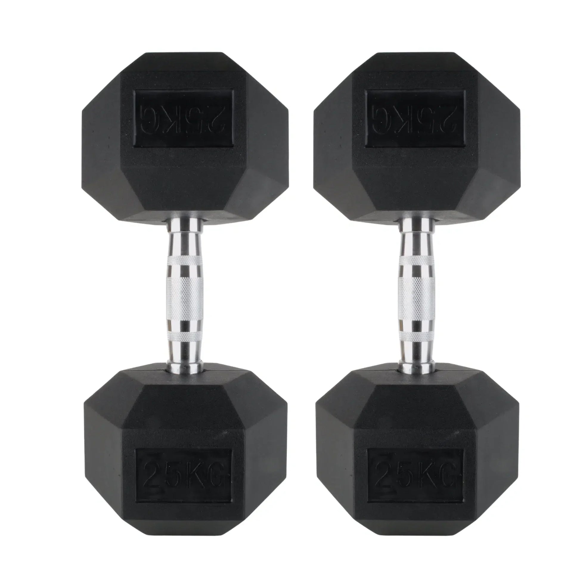 Pair of black rubber hex dumbbells with knurled steel handles for professional strength training.