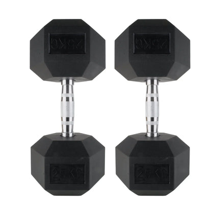 Pair of black rubber hex dumbbells with knurled steel handles for professional strength training.
