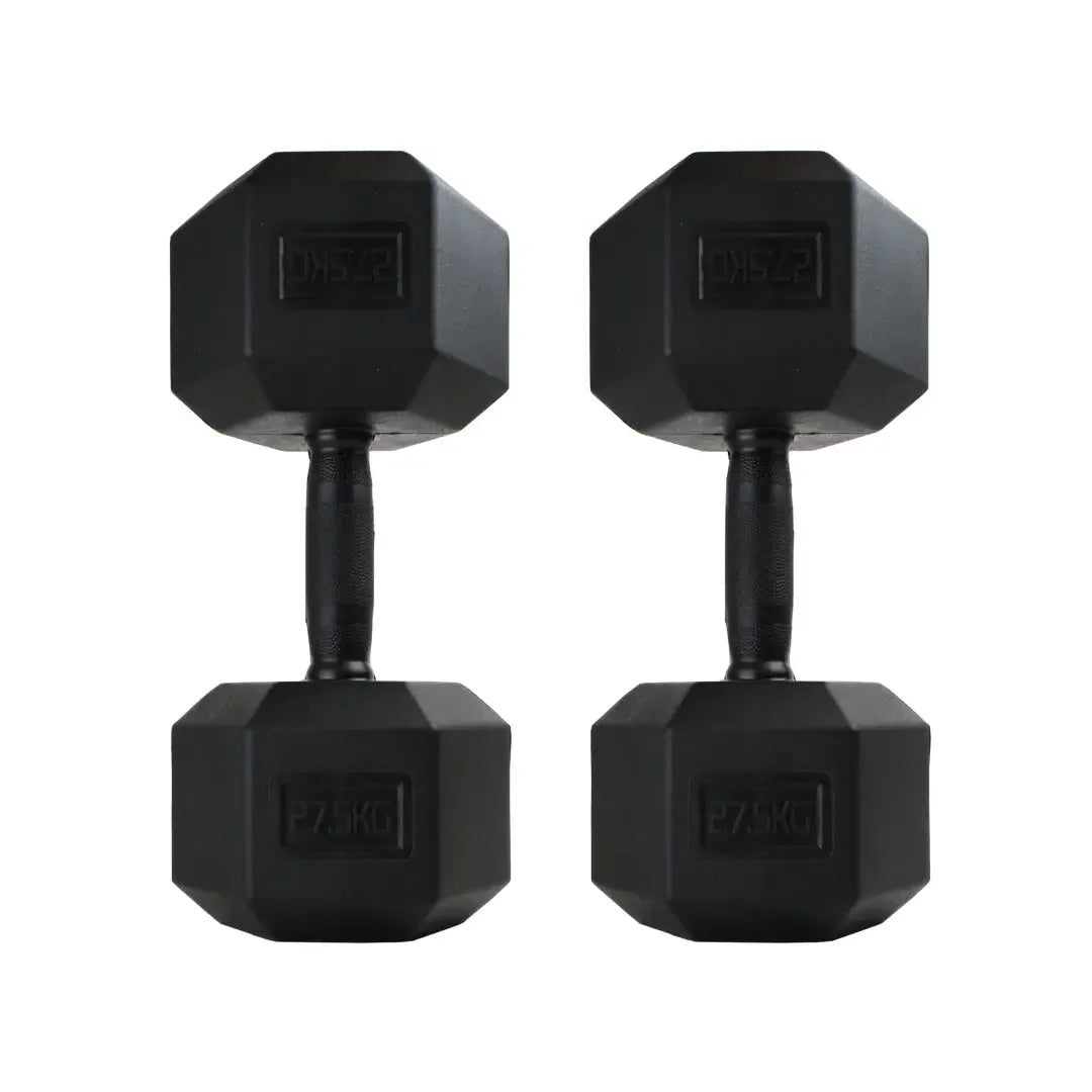 Pair of black hex rubber-coated dumbbells with knurled chrome handles, 7.5kg each.