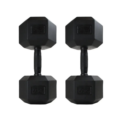 Pair of black hex rubber-coated dumbbells with knurled chrome handles, 7.5kg each.