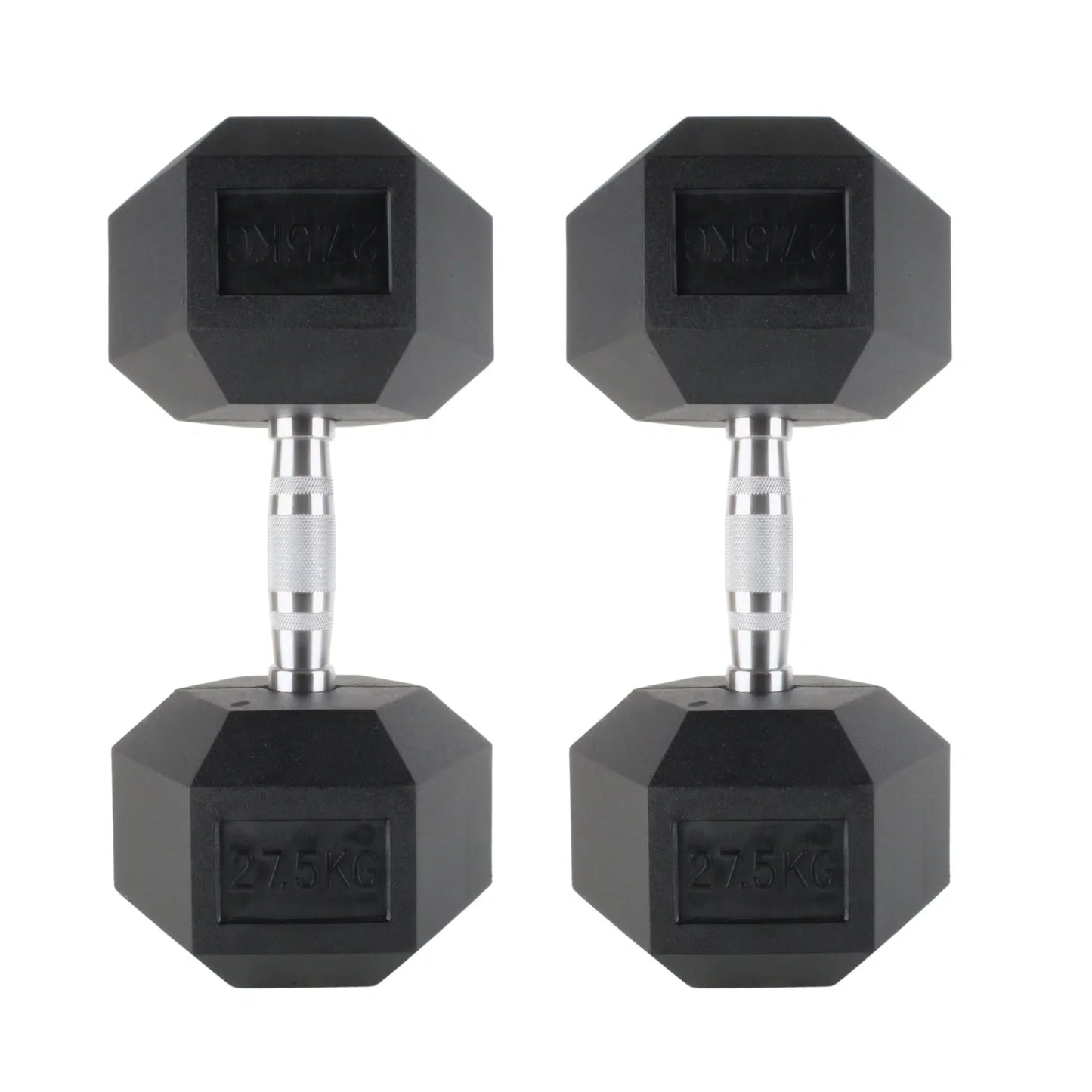 Pair of black rubber hex dumbbells with chrome handles, 5 kg each.