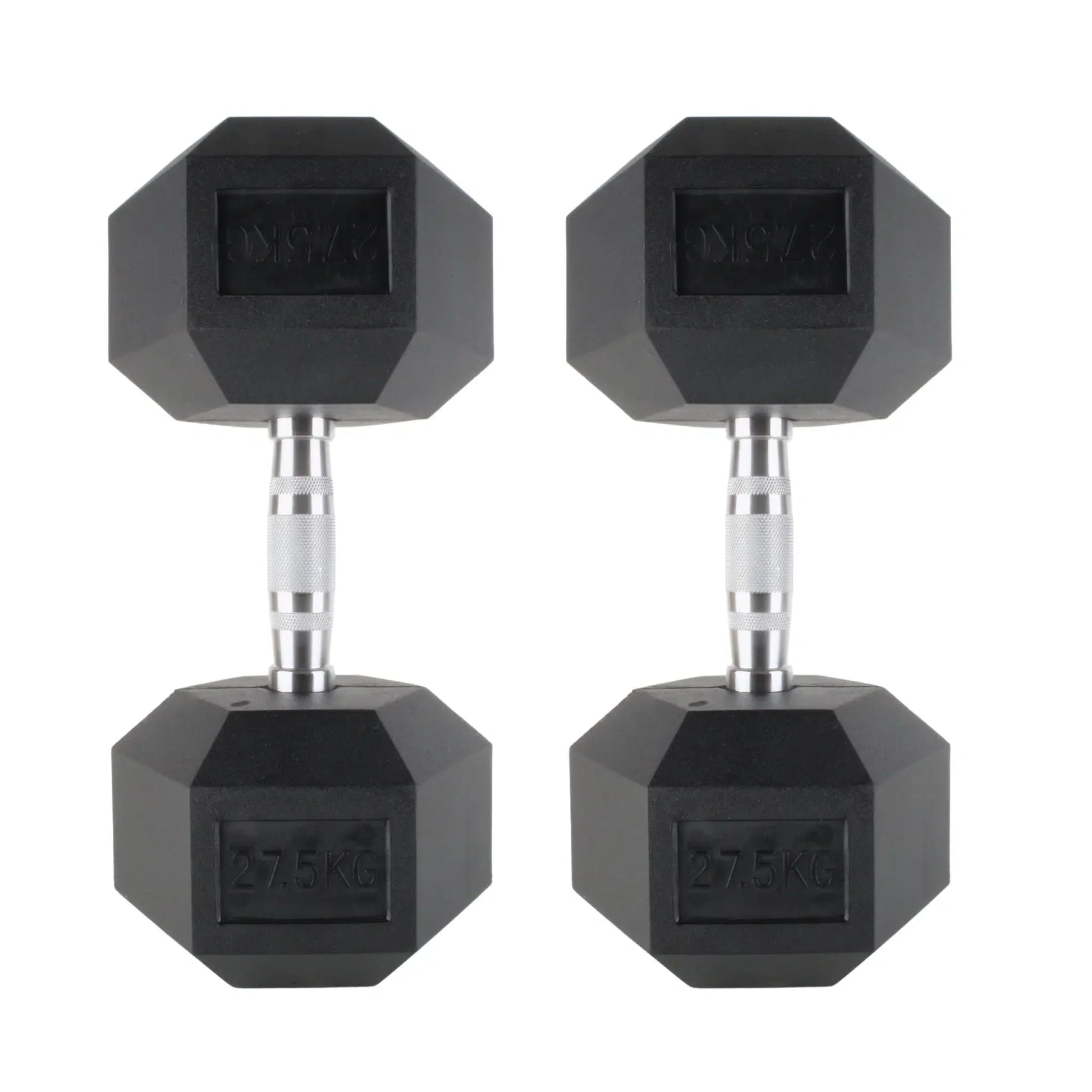 Pair of black rubber hex dumbbells with chrome handles, 5 kg each.