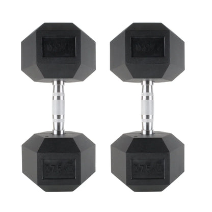 Pair of black rubber hex dumbbells with chrome handles, 5 kg each.