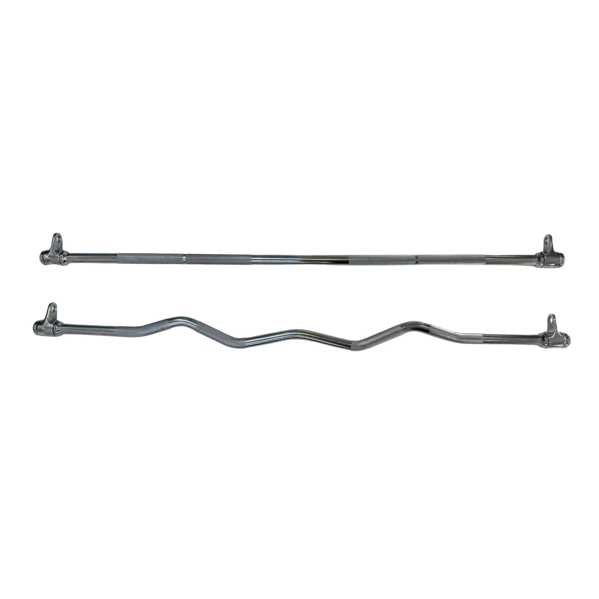 Straight and curved chrome EZ bar cable pulley attachments with swivel connectors for gym equipment.