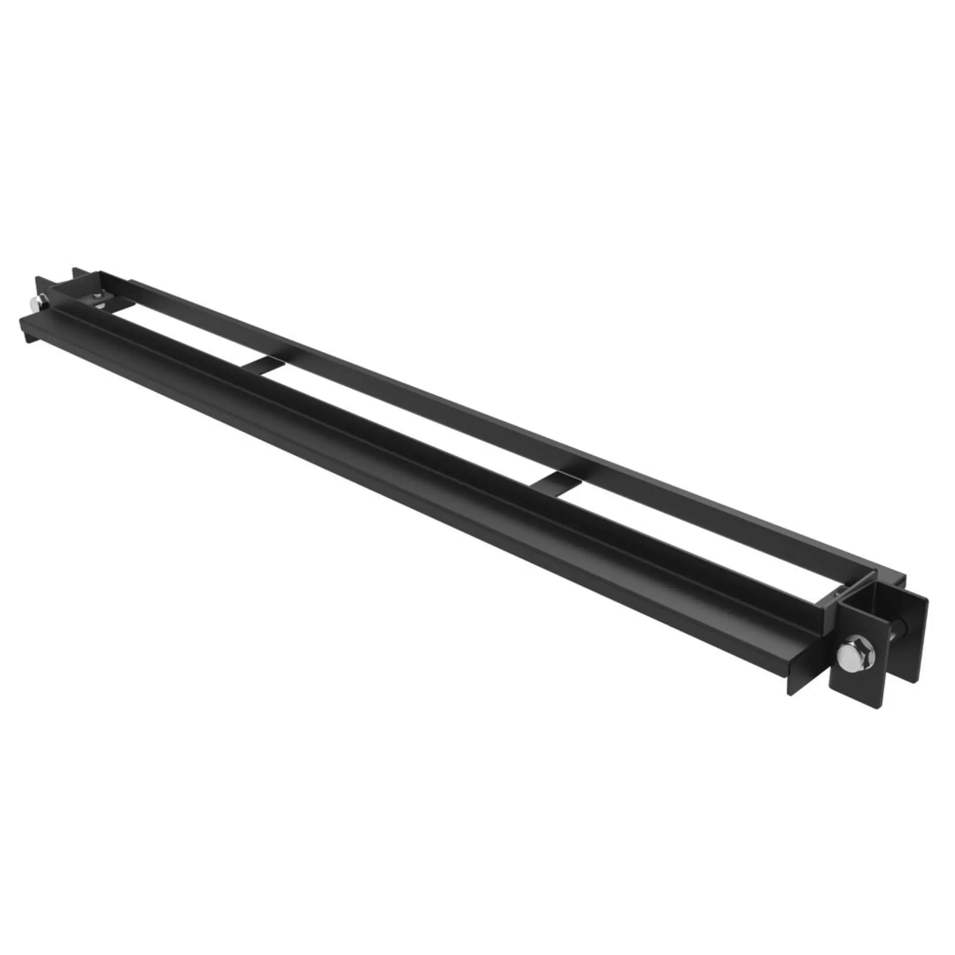 Black metal rack storage shelf for power racks with mounting brackets and securing bolt.
