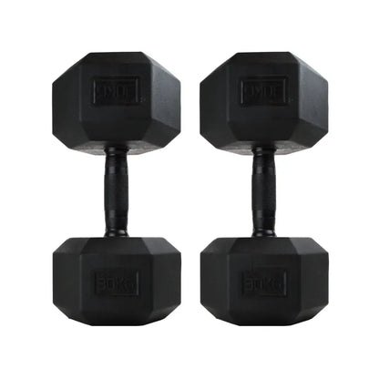 Pair of black hexagonal rubber-coated dumbbells with textured grip handles.