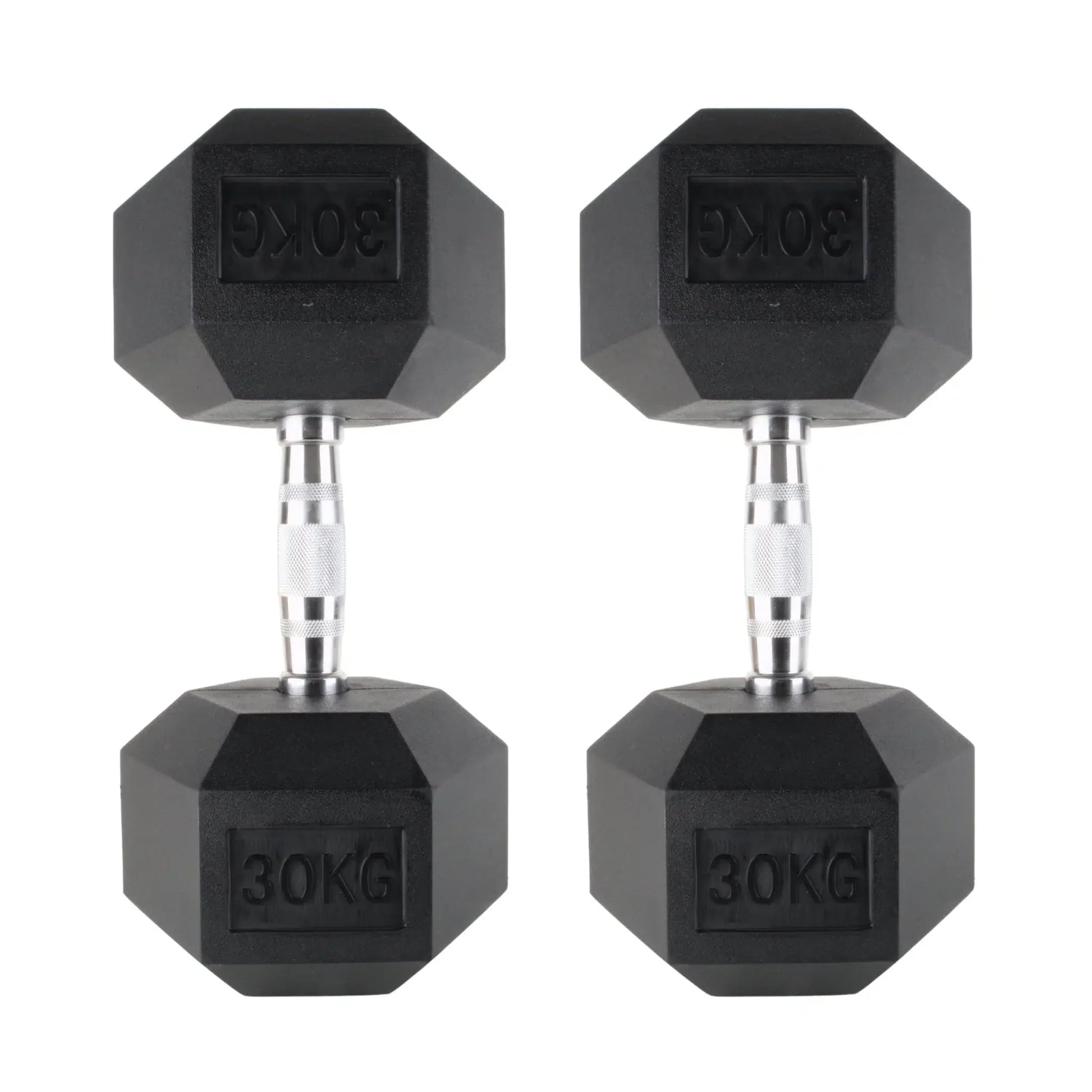 Pair of black 30kg rubber hex dumbbells with chrome textured handles.