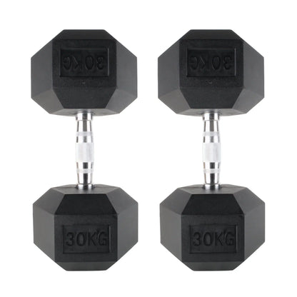 Pair of black 30kg rubber hex dumbbells with chrome textured handles.