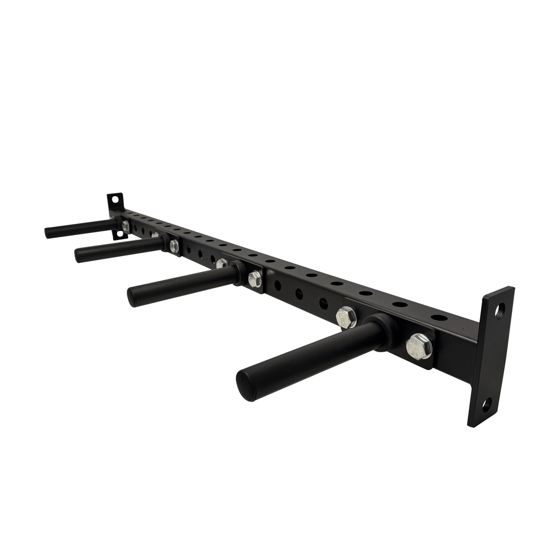 Black steel bumper plate peg shelf with four horizontal pegs and mounting holes for power rack or rig.