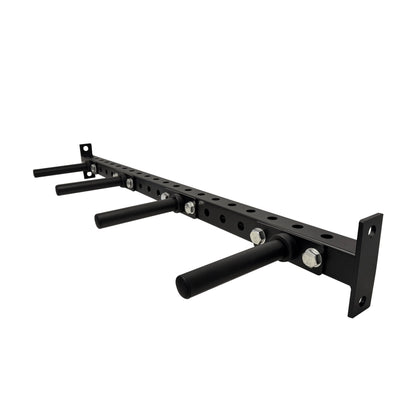 Black steel bumper plate peg shelf with four horizontal pegs and mounting holes for power rack or rig.