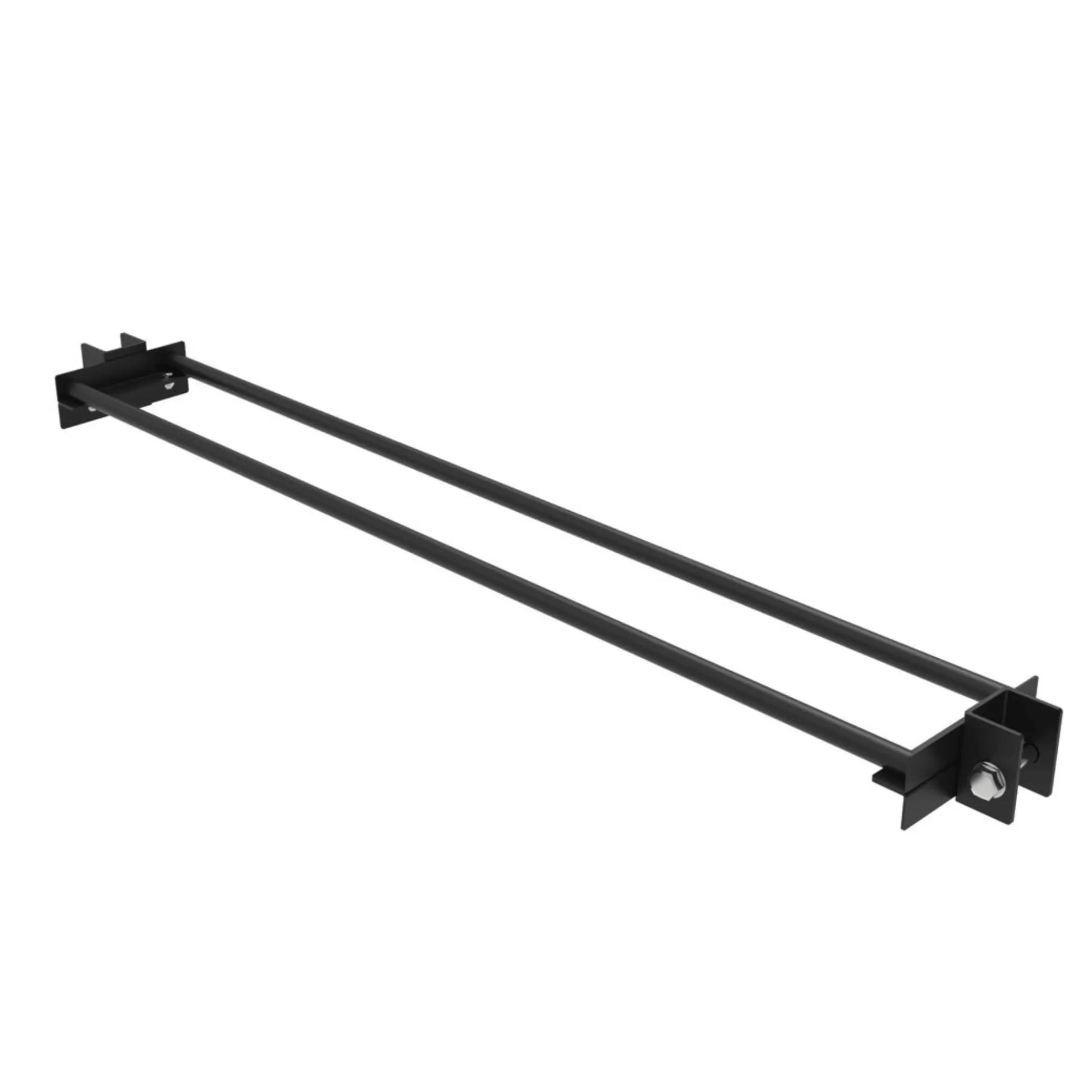 Black steel rack storage shelf with two parallel bars for power rack accessory organization.