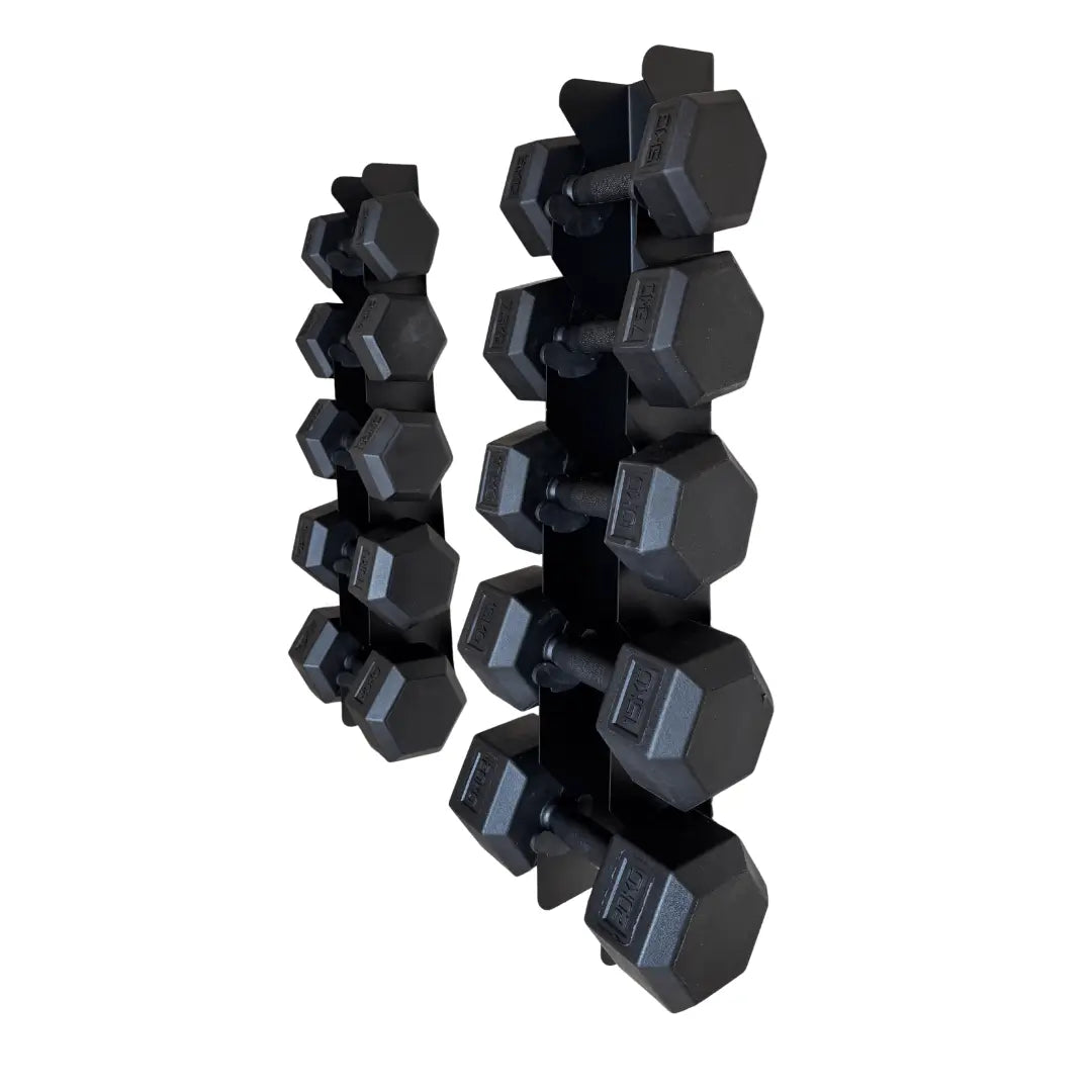 Wall-mounted black hex dumbbell set with two vertical racks holding various weights.
