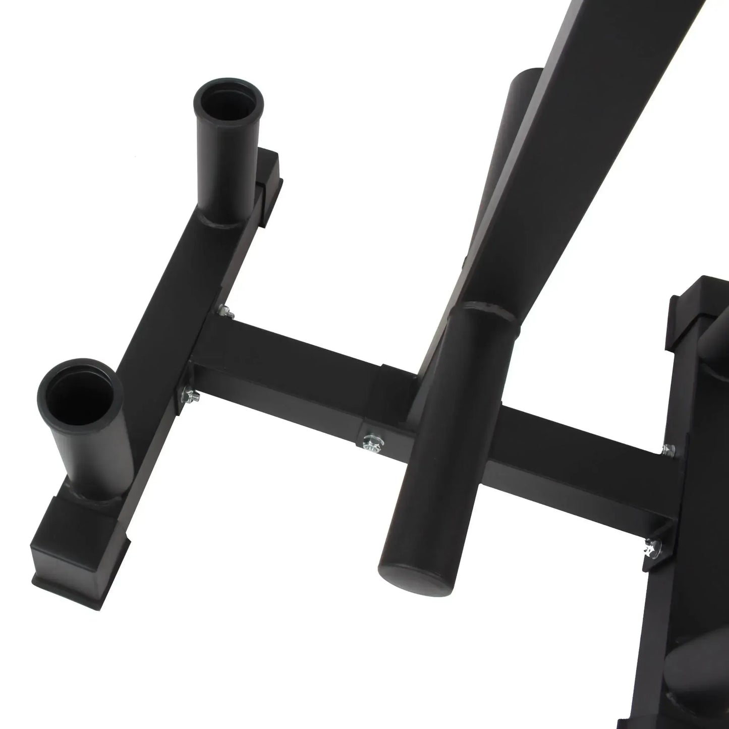 Black heavy-duty steel barbell storage rack with multiple vertical posts for Olympic bumper plates.