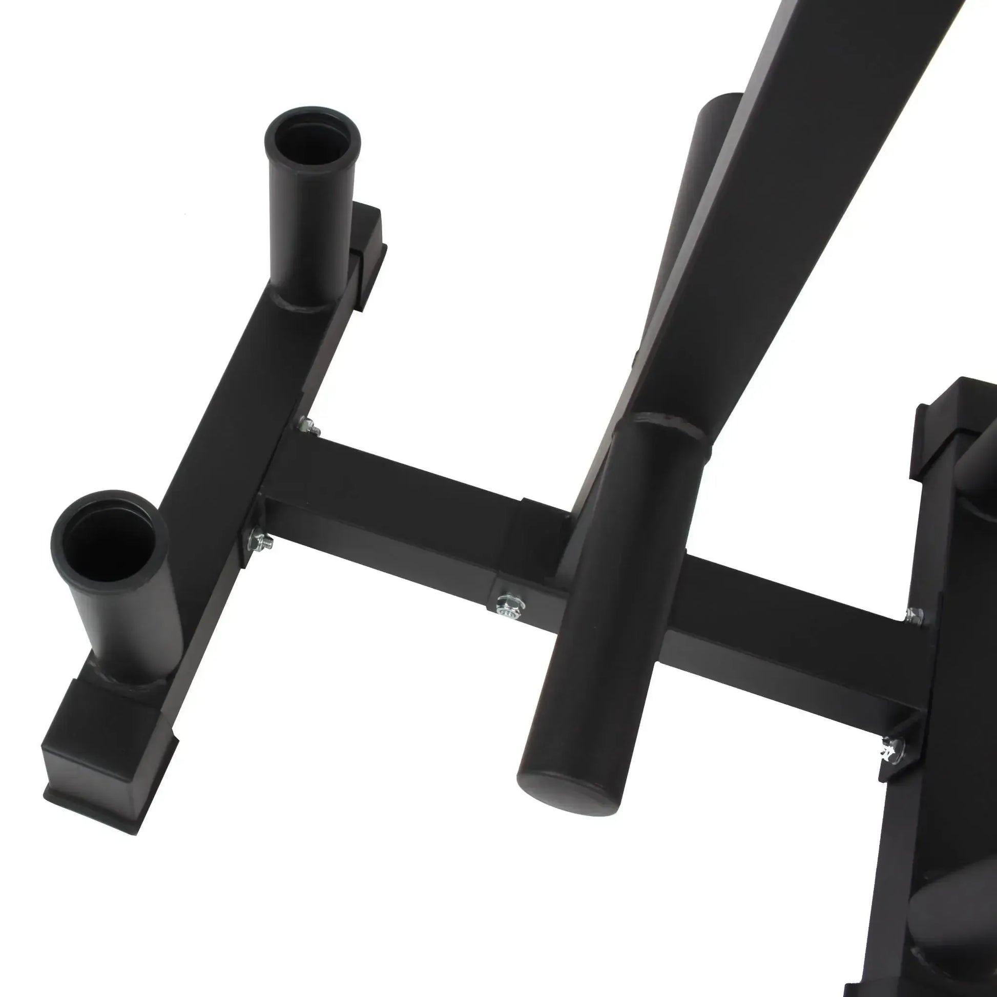 Black heavy-duty steel barbell storage rack with multiple vertical posts for Olympic bumper plates.