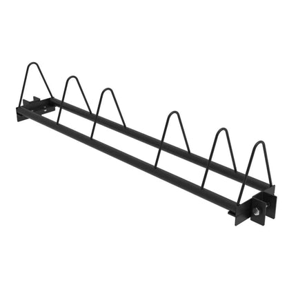 Black metal rack shelf with angled dividers for weight plate storage, designed for power racks.