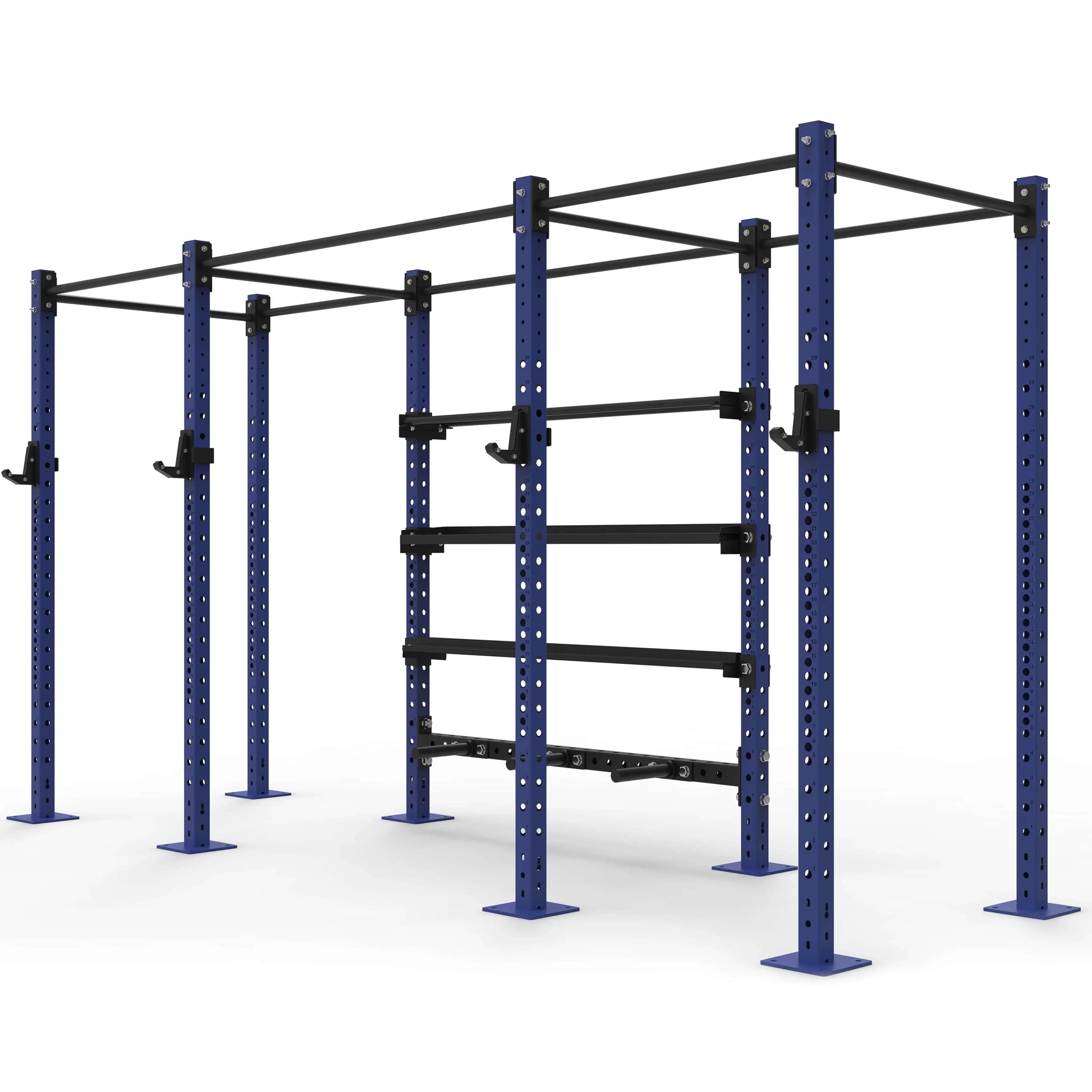 Blue steel power rack frame with multiple adjustable horizontal and vertical bars for gym storage and strength training.