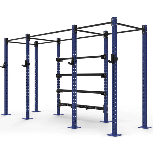 Blue steel power rack frame with multiple adjustable horizontal and vertical bars for gym storage and strength training.