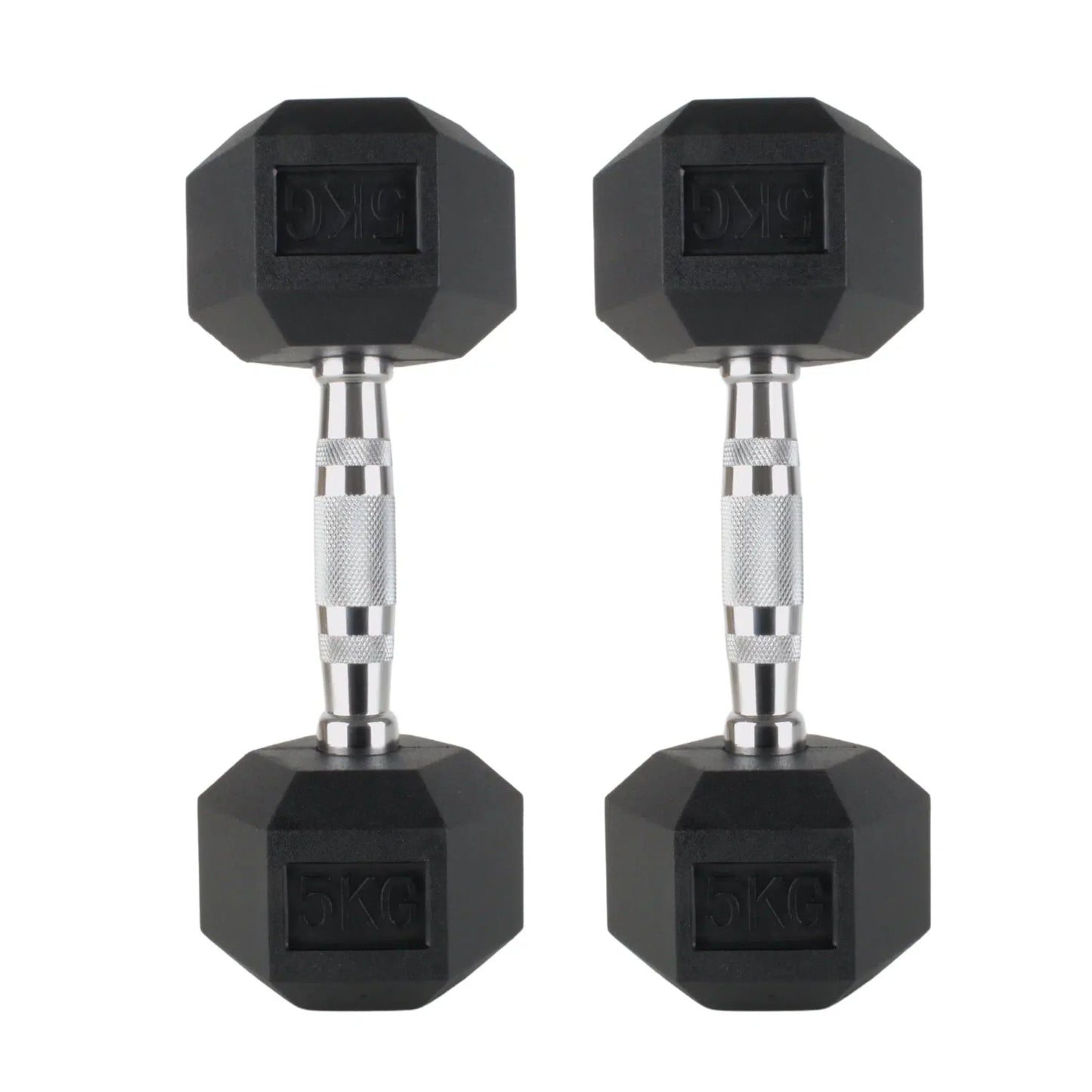 Pair of 5kg black rubber hex dumbbells with chrome textured grip handles.