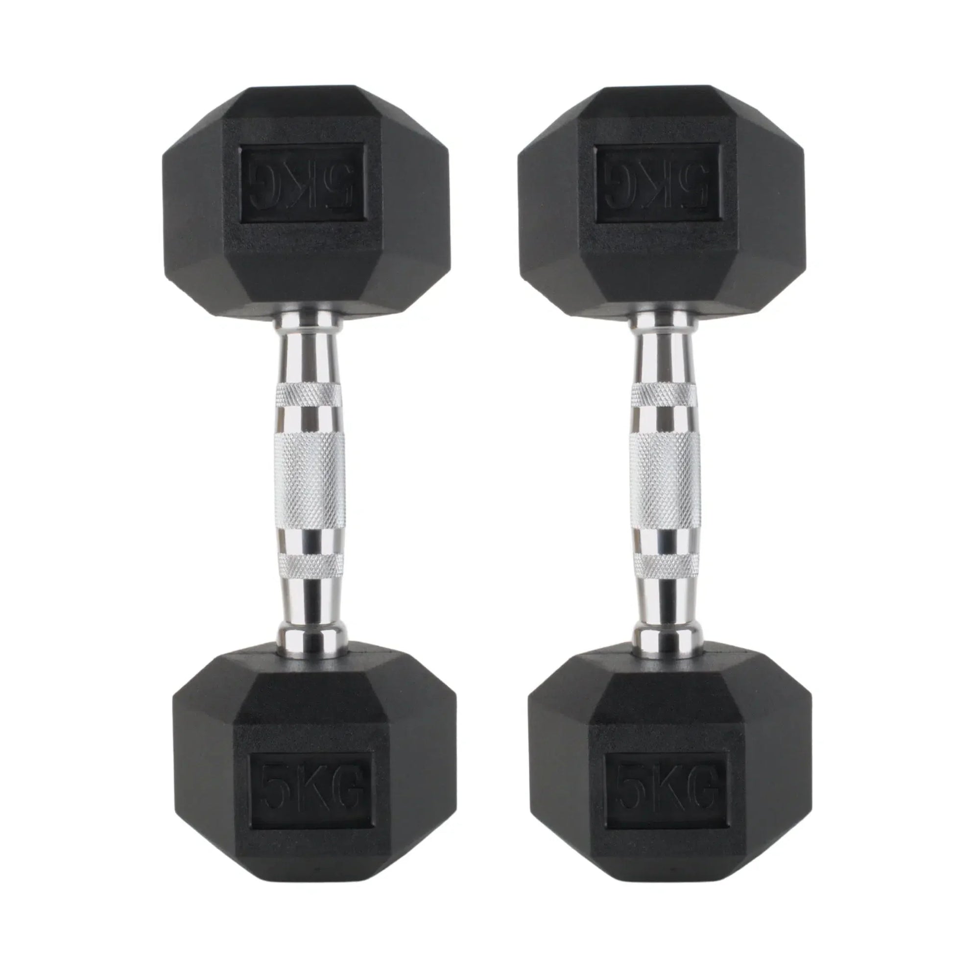 Pair of 5kg black rubber hex dumbbells with chrome textured grip handles.