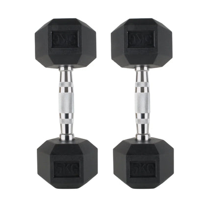 Pair of 5kg black rubber hex dumbbells with chrome textured grip handles.