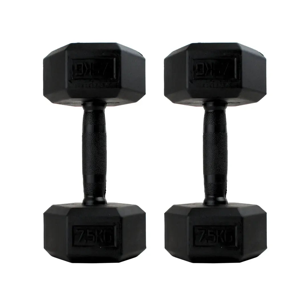 Pair of black hexagonal rubber-coated dumbbells with textured grip handles, 7.5kg each.