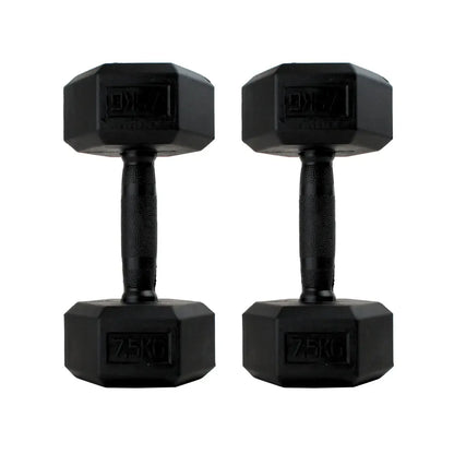 Pair of black hexagonal rubber-coated dumbbells with textured grip handles, 7.5kg each.