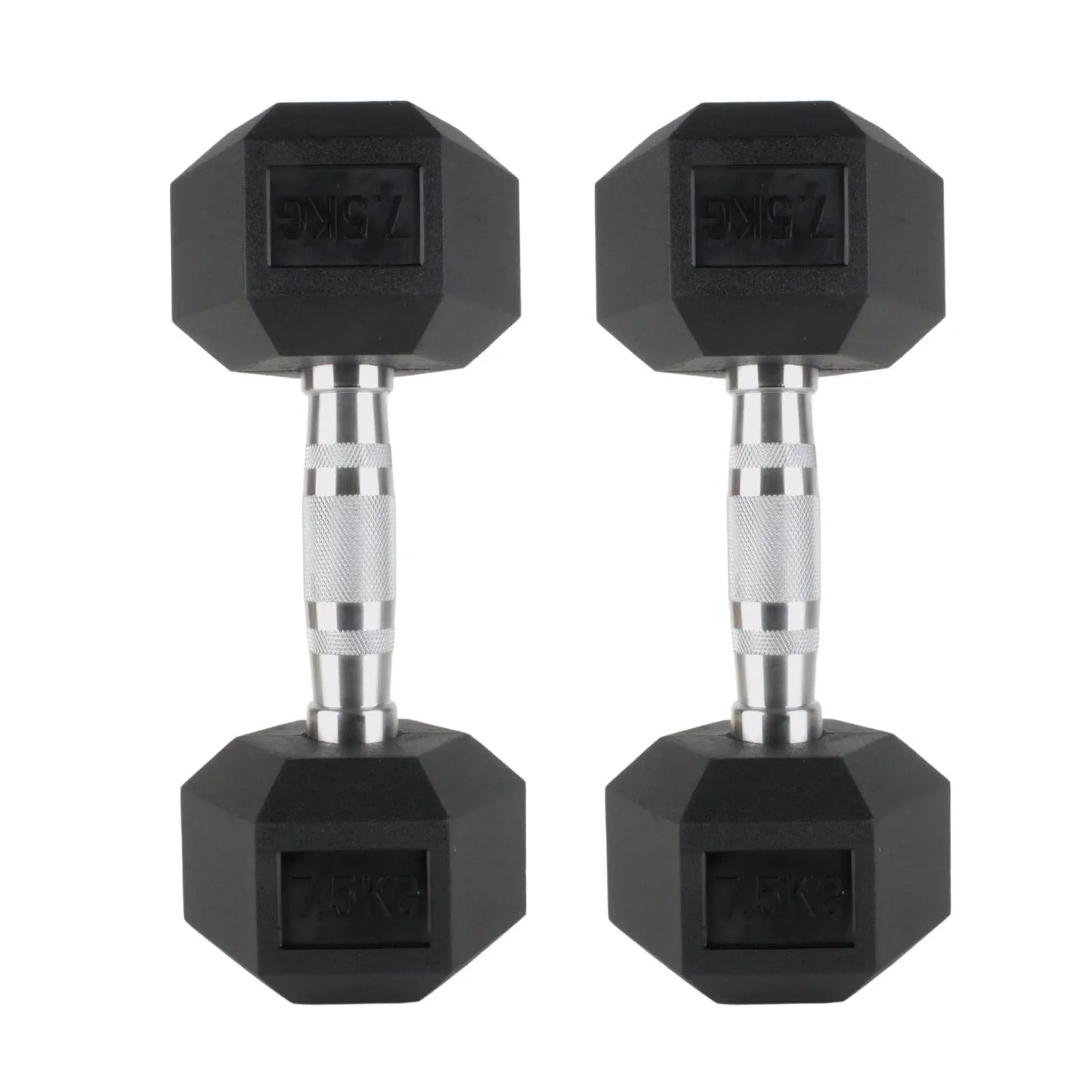 Pair of black rubber hex dumbbells with chrome knurled handles, 7.5kg weight each.