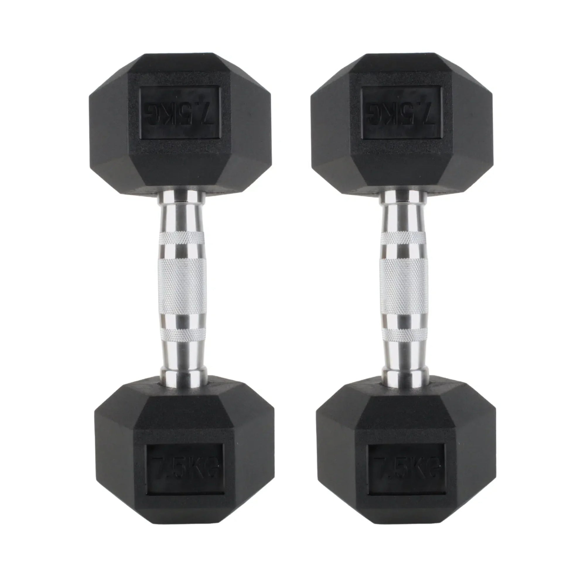 Pair of black rubber hex dumbbells with chrome knurled handles, 7.5kg weight each.