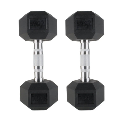 Pair of black rubber hex dumbbells with chrome knurled handles, 7.5kg weight each.