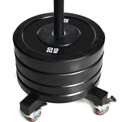 Black bumper plate stacker holding four 20kg Olympic weight plates on caster wheels.