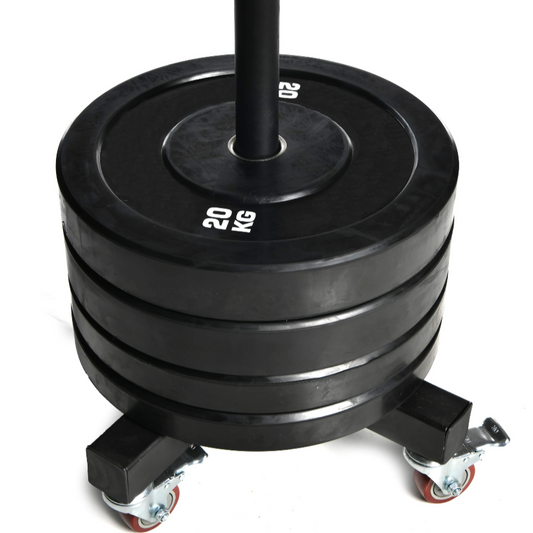 Black bumper plate stacker holding four 20kg Olympic weight plates on caster wheels.