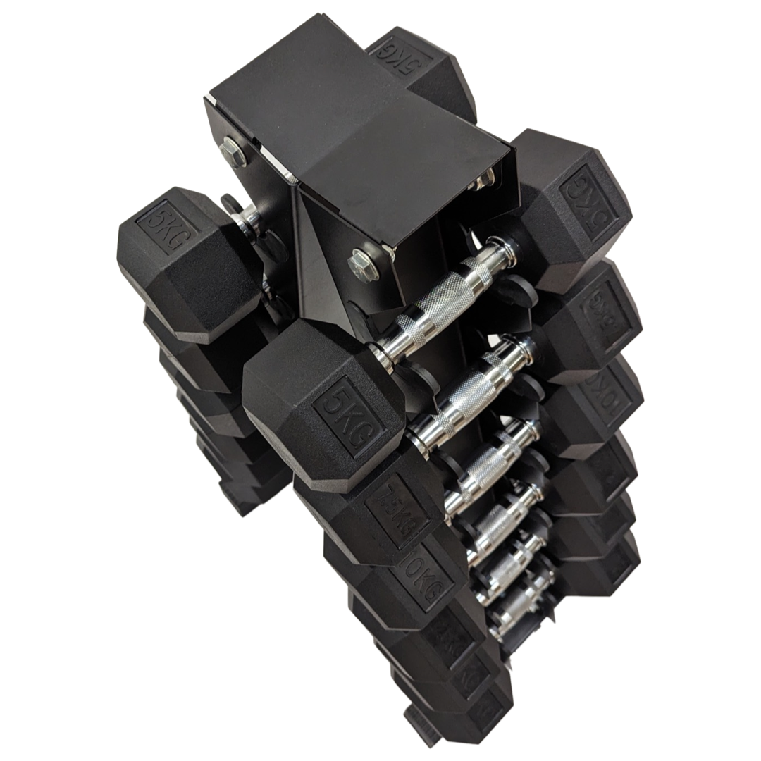 Black rubber hex dumbbells neatly organized on vertical black metal storage rack with chrome handles.