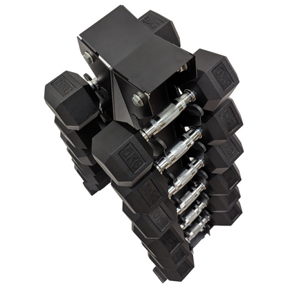 Black rubber hex dumbbells neatly organized on vertical black metal storage rack with chrome handles.