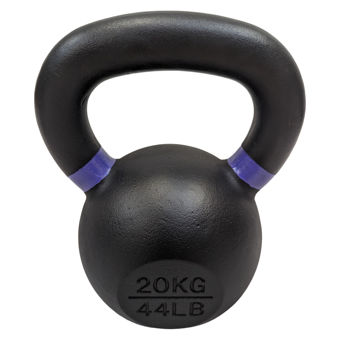 20kg black cast iron kettlebell with powder-coated finish and purple handle markings.