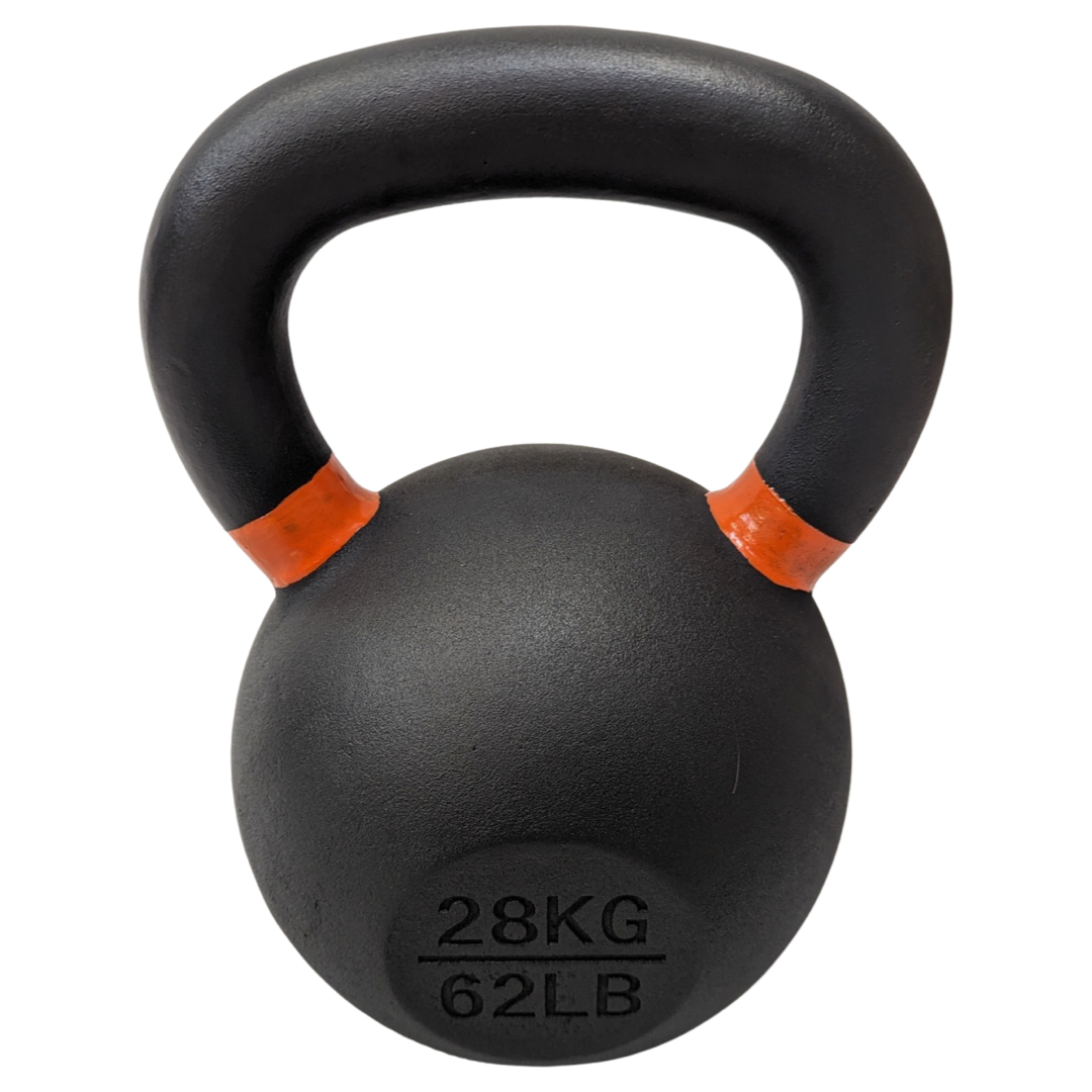 Black cast iron kettlebell with orange handle grips, marked 28KG 62LB, powder-coated finish.
