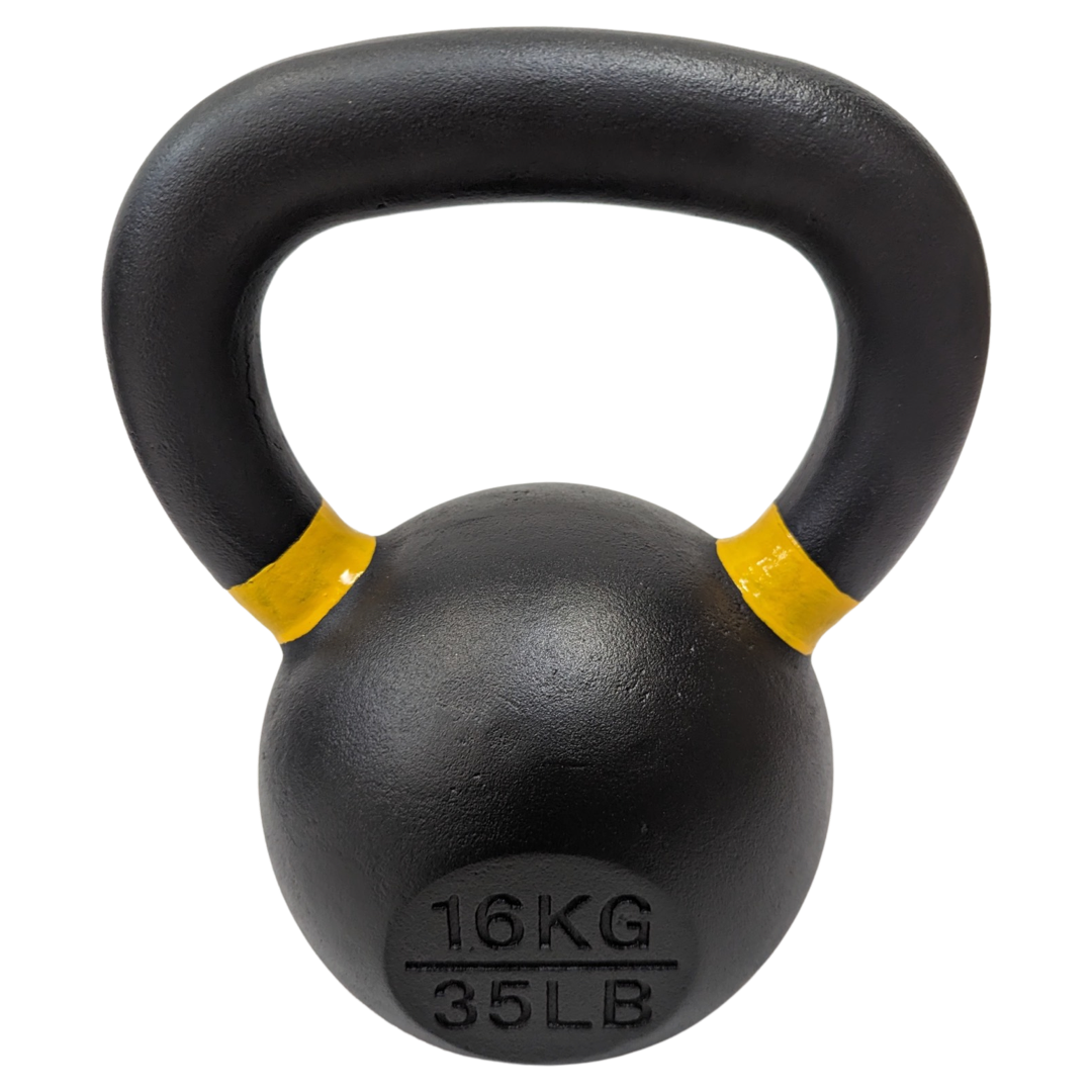 Black powder-coated cast iron kettlebell weighing 16kg with yellow handle stripes.