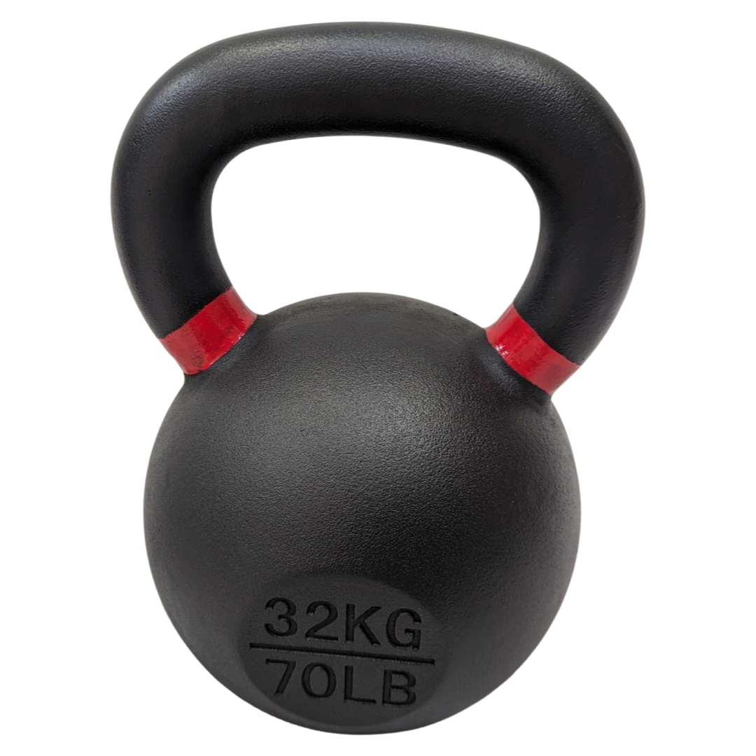 Black cast iron kettlebell with powder-coated finish, marked 32kg/70lb, with red stripes on the handle base.