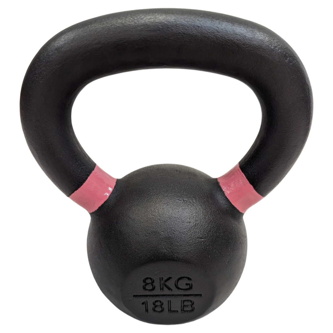Black cast iron kettlebell with pink handle bands, marked 8KG 18LB, powder coated finish.