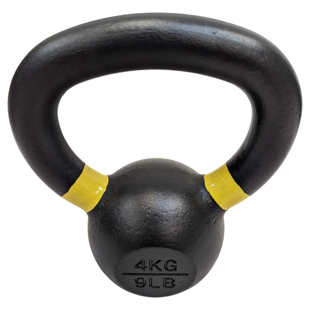Black cast iron kettlebell with yellow handle bands, 4kg weight, powder-coated finish.