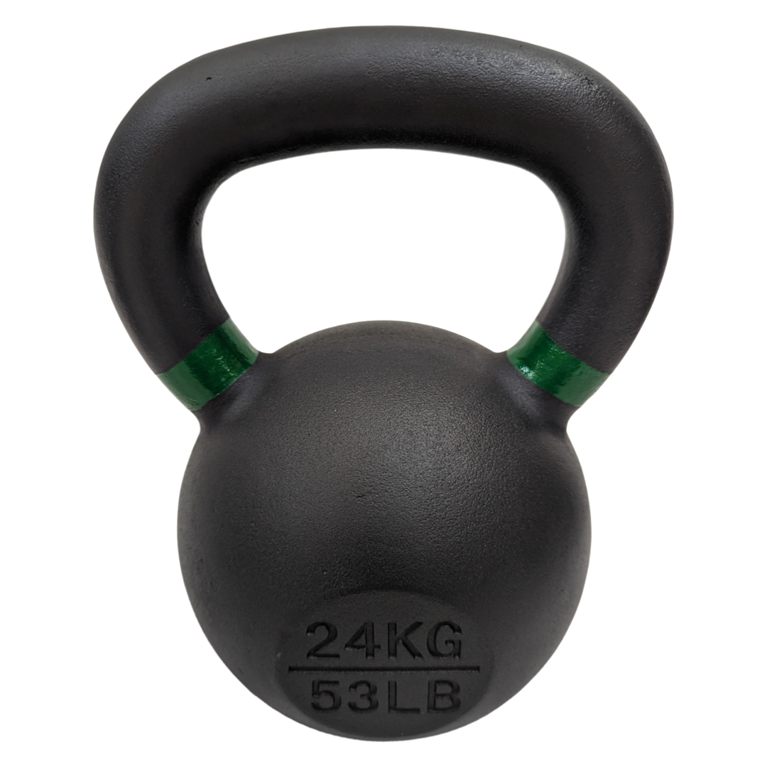 24kg black cast iron kettlebell with powder-coated finish and green accent on handle.