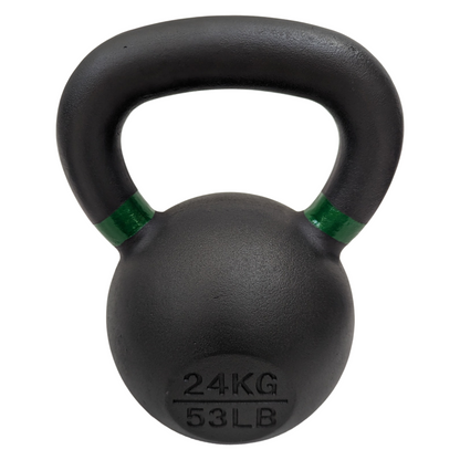 24kg black cast iron kettlebell with powder-coated finish and green accent on handle.